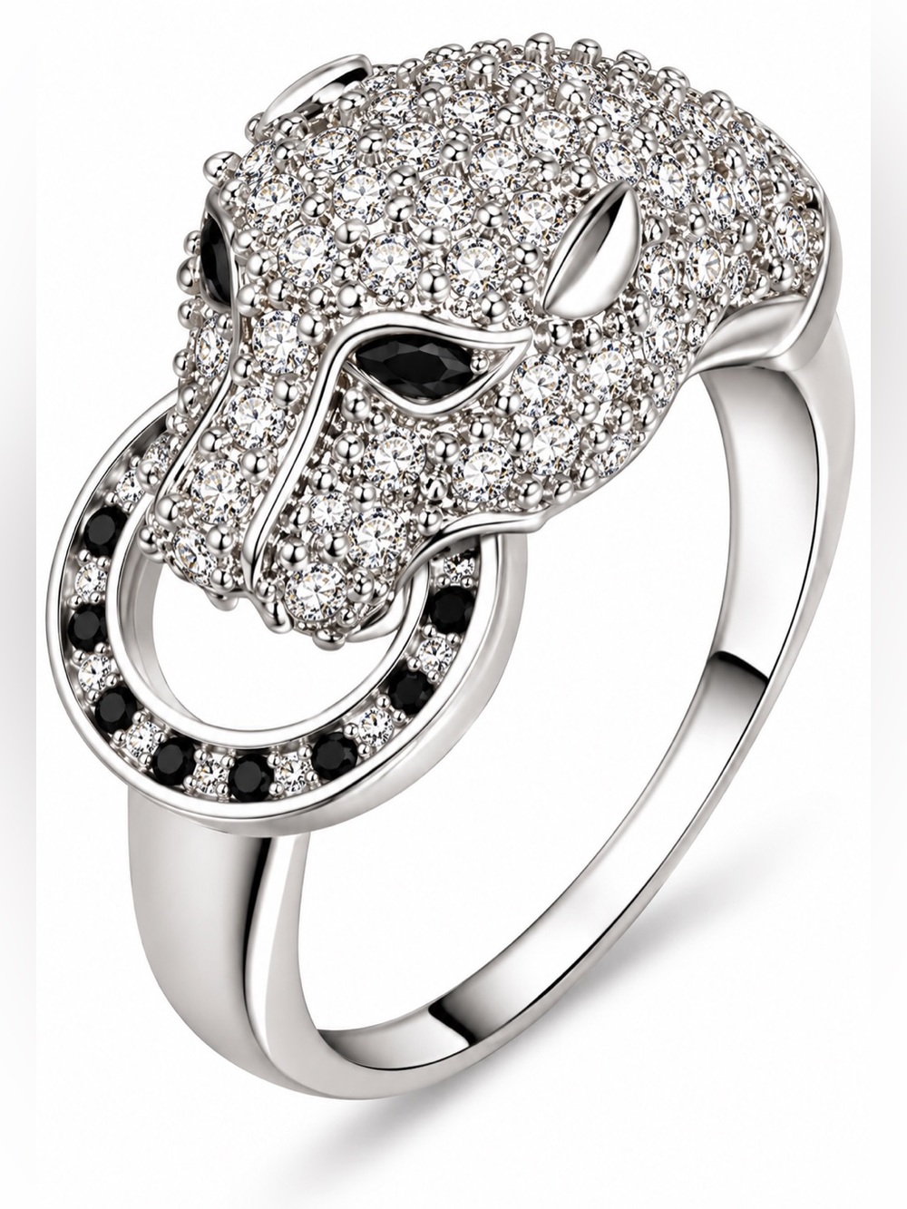 925 Sterling Silver Black Onyx Look Panther Head Pavé Statement Ring